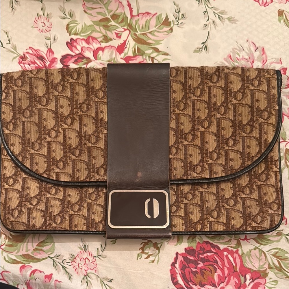 Dior Brown Clutch with Monogram and Leather Accent